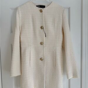 Zara Cream Tweed Textured Blazer with Gold Buttons Medium New